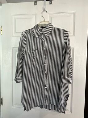 Unique Women’s Charcoal and White Striped Button-Up Shirt